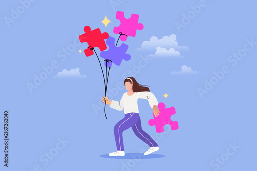 Business solution and creative strategy banner featuring woman holding floating jigsaw puzzle pieces against blue sky, designed for therapy landing page, psychological counseling, and problem solving.