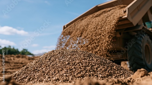 Dump truck unloading pile of gravel at construction site