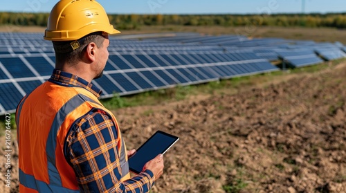 Obraz w ramie Engineer in hard hat and safety vest using digital tablet at solar power plant