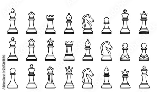 Chess Piece Line Icon Set, Hand Drawn King, Queen, and Bishop Doodles, Strategy Board Game Icons for Design