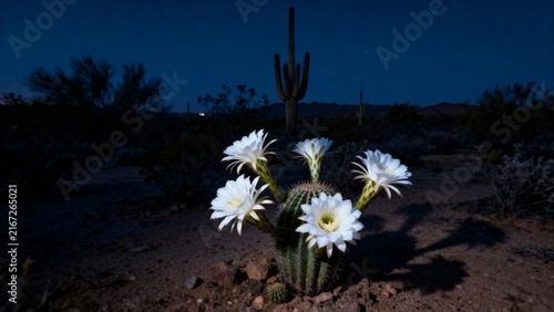 White cactus flowers blooming at night in a desert landscape with saguaro cacti in the background