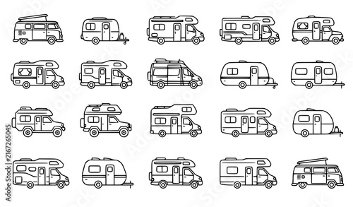 RV Camper Van Line Icon Set, Hand Drawn Motorhome and Trailer Doodles, Road Trip and Travel Vehicle Icons for Design