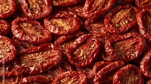 Close up sun-dried tomato halves with seeds