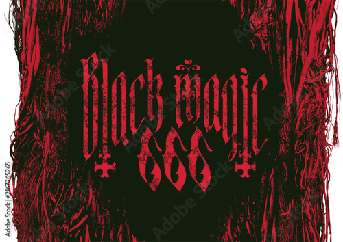 Принти на полотні Hand drawn banner with  inverted crosses and words black magic 666, gothic font on background of a tree with branches and roots