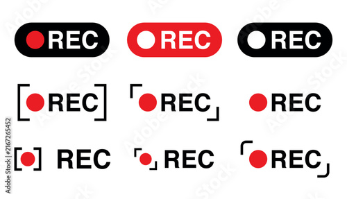 Rec and recording vector icon set featuring camera viewfinder brackets and buttons