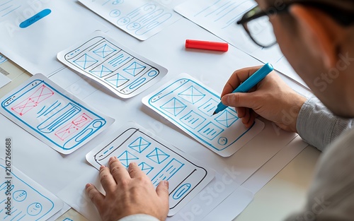 Obraz na płótnie Designer sketching mobile app interface wireframes on paper in creative studio