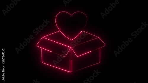 Pink neon heart emerging from gift box