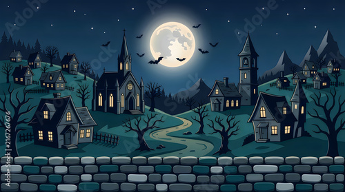 Halloween village backdrop, haunted castle, spooky haunted house, full moon night scene, vintage illustration with gothic ecclesiastical building and cobblestone wall