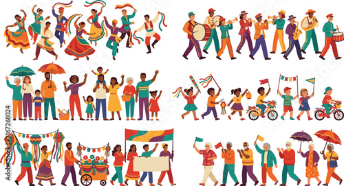 Multicultural vector illustration set of diverse communities celebrating with parade marching band dancers and festive street carnival