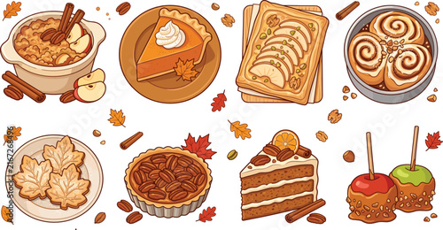 Homemade autumn desserts collection vector illustration isolated icon set featuring pumpkin pie pecan tart apple crisp and cinnamon rolls