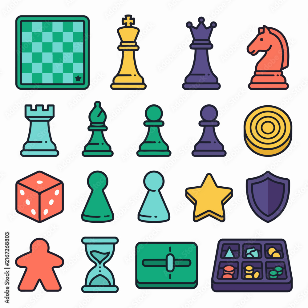 Fototapeta premium Colorful collection of board game pieces and icons