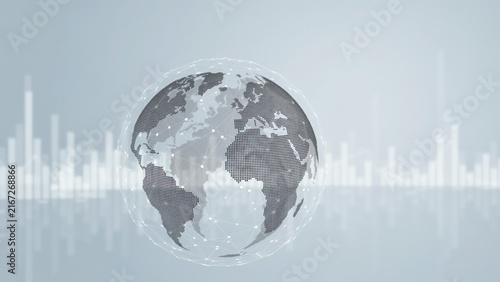 A digital globe with glowing network nodes and white bar charts in the background, representing global financial, data and connectivity