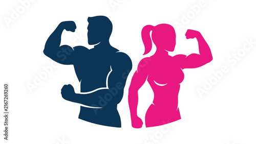 Strong man and woman flexing muscles together as a fitness and bodybuilding icon