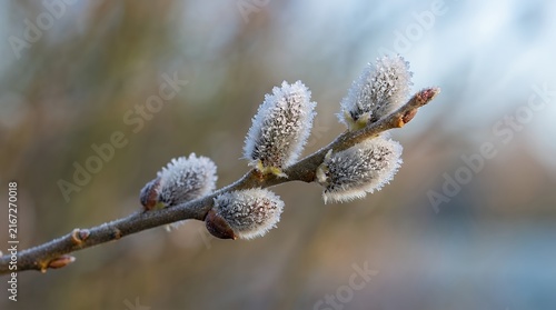 Macro Closeup of Frosted Willow Buds with Delicate Ice Crystals on Slender Branch in Early Spring Morning willow buds catkins frosted frost ice branch early spring morning closeup macro winter cold