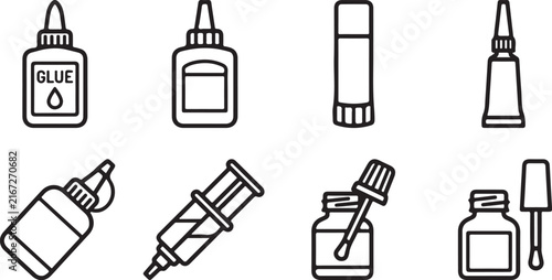 Eight types of glue and adhesive bottles icon set