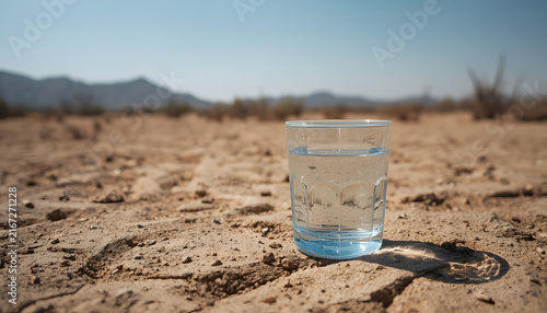 Glass of water on dry cracked desert soil under bright sunlight
