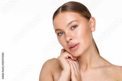 Quadro su tela Beautiful woman face with healthy clean spa concept cosmetic skin care