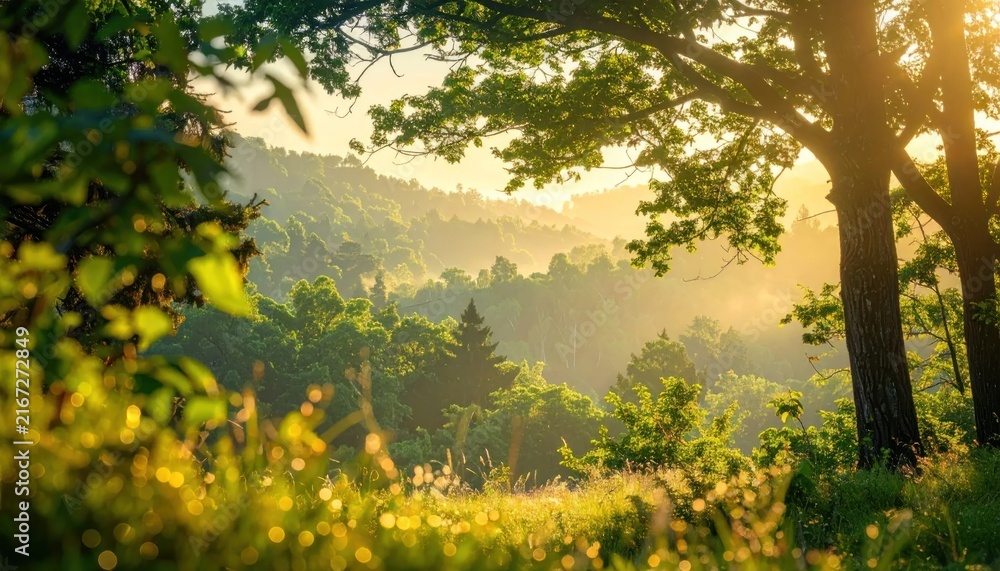 Fototapeta premium Beautiful morning sunrise over a lush green forest landscape.