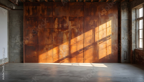 Sunlight casting shadows through an old wooden door in a dimly lit room