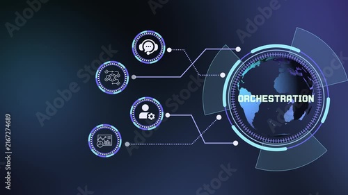 Digital orchestration and automated process management vector concept featuring global network connectivity with modern technology icons.