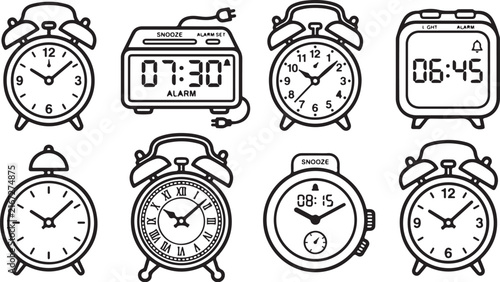 Collection of vintage alarm clocks illustration