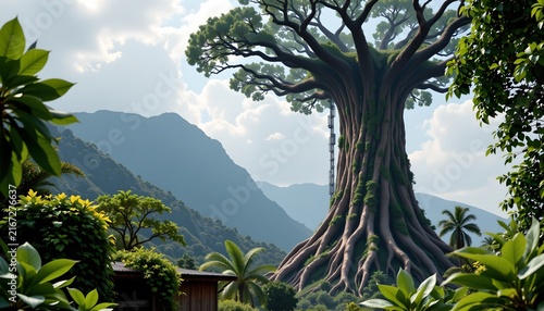 Obraz w ramie The image features a colossal, ancient looking tree with a thick, gnarled trunk and sprawling branches that extend widely overhead, forming a broad canopy