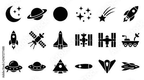 Vector illustration of space icons set on a transparent background