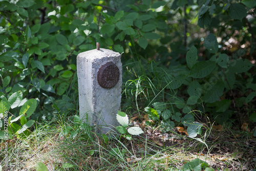 A concrete marker with a circular plaque stands in a grassy forest clearing. Altitude meter. Lithuania.