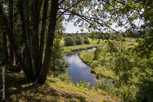 A gentle river winds through a sunlit green landscape lined with trees. Lithuania.