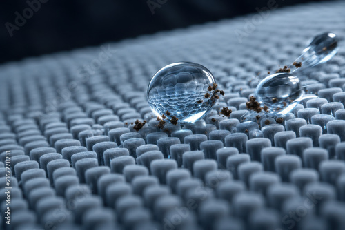 Water droplet on blue fabric surface with dirt particles