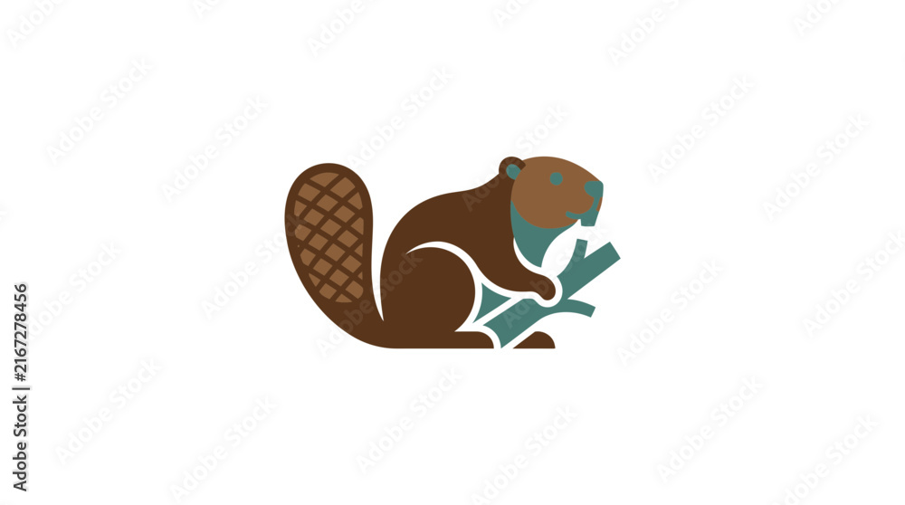 Fototapeta premium Beaver holding wood branch logo in brown teal.