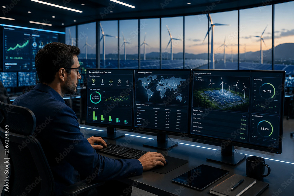 Fototapeta premium Renewable Energy Engineer Monitoring Wind Farm and Solar Power Grid Systems
