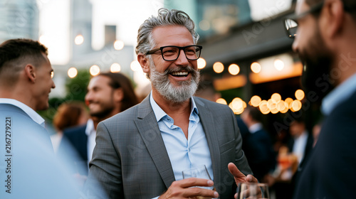 Mature businessman with beard and glasses laughing with colleagues at rooftop celebration, holding drink, evening city lights, corporate networking event.