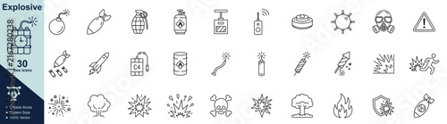 Explosive line icon set featuring bombs, grenades, rockets, detonators, fireworks, blast effects, mines, warning signs, and safety symbols