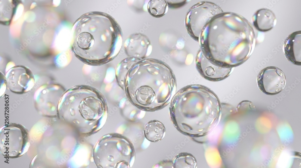 Fototapeta premium A stunning 3D composition of floating transparent glass spheres refracting beautiful iridescent rainbow light reflections.