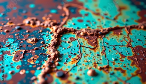 The image features a close up view of a textured, colorful surface with a predominant turquoise background