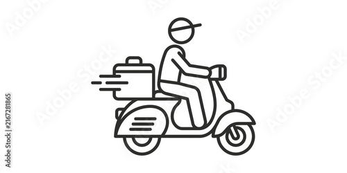 Obraz na plátně Scooter delivery driver line icon, fast transport service on a moped, black outline on transparent background