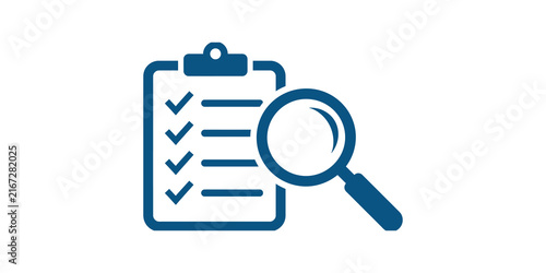 Canvastavla Document checklist with magnifying glass icon in blue representing auditing task inspection data review and quality verification