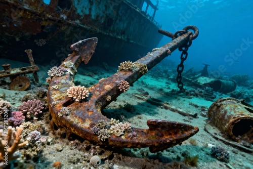 Rusty anchor covered in coral and marine life rests on the ocean floor near a shipwreck