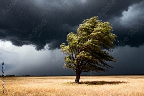 Solitary tree bending in strong wind under dark storm clouds over a dry field