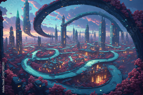 Fantasy Landscape with Majestic Mosque and Glowing Moon Under a Dreamlike Night Sky