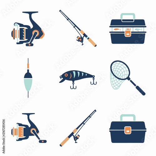 Foto Fishing gear and tackle illustration set for outdoor hobby