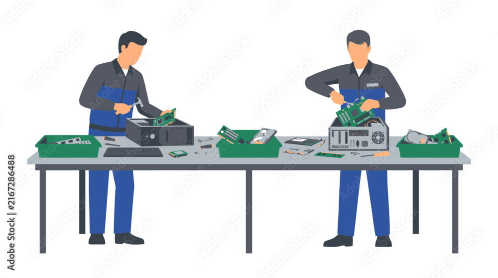 Fototapeta premium Technicians Disassembling E-Waste for Electronics Recycling Illustration