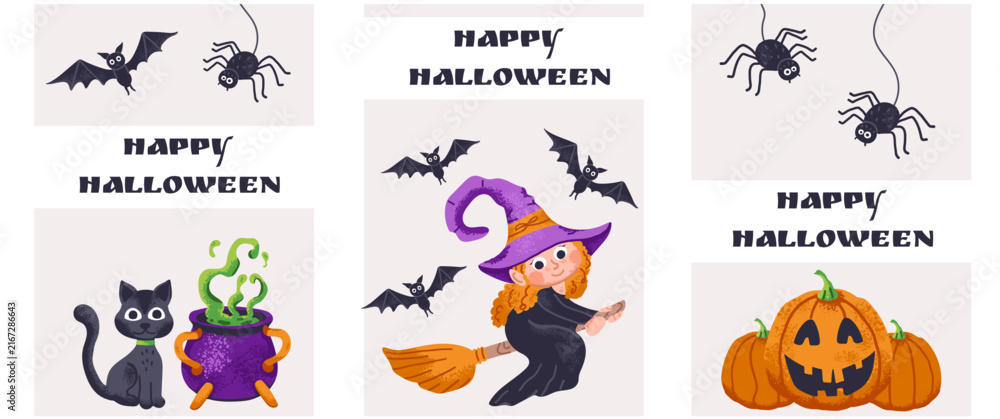 Obraz premium Halloween posters and flyer design template with cute holiday character of witch, cat and pumpkin. Banner set for social media, web, party invitation with spooky elements