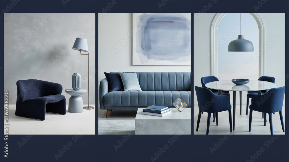 Fototapeta premium Three panel collage of blue toned living room and dining area furniture and decor