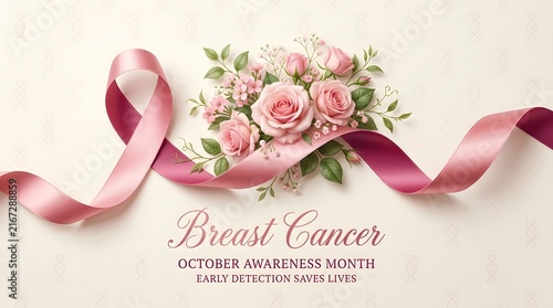 Breast Cancer October Awareness Month design with pink ribbon and rose flowers