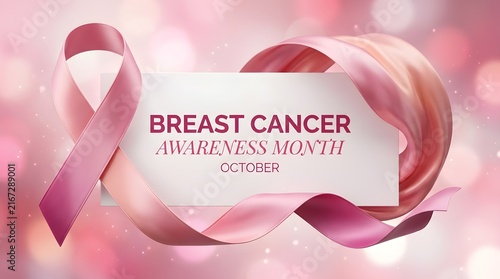 Breast Cancer Awareness Month design with pink ribbon and blurred bokeh background