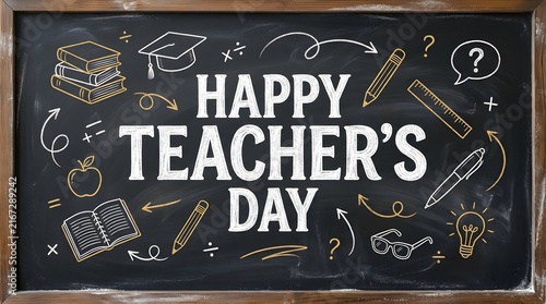 Happy Teacher's Day chalkboard typography design with chalk drawings and school supplies