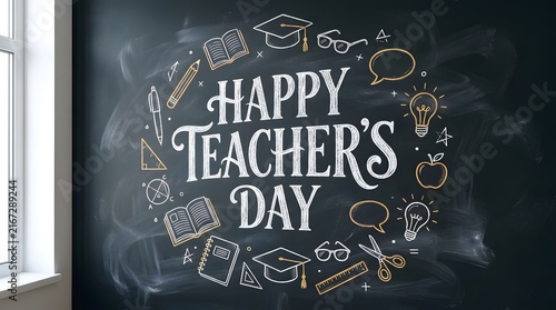 Happy Teacher's Day chalkboard typography design with round school doodles and education elements