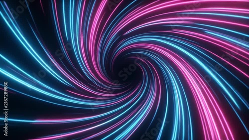 Abstract swirling neon light trails in a dark vortex with cyclical motion for tech backgrounds